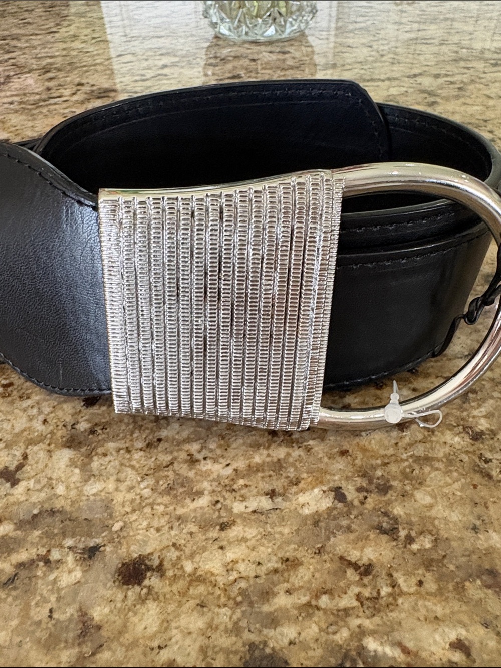 Black Leather Wide Belt with Silver Decorative Buckle